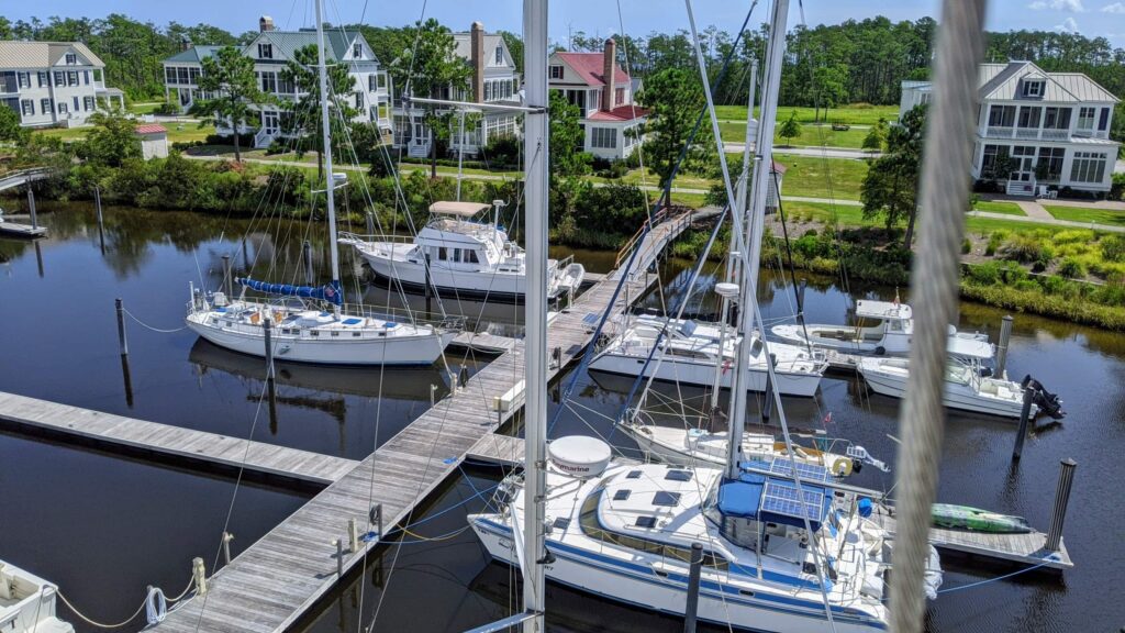 River Dunes Marina viewed from the top of the mast of Bonaventure