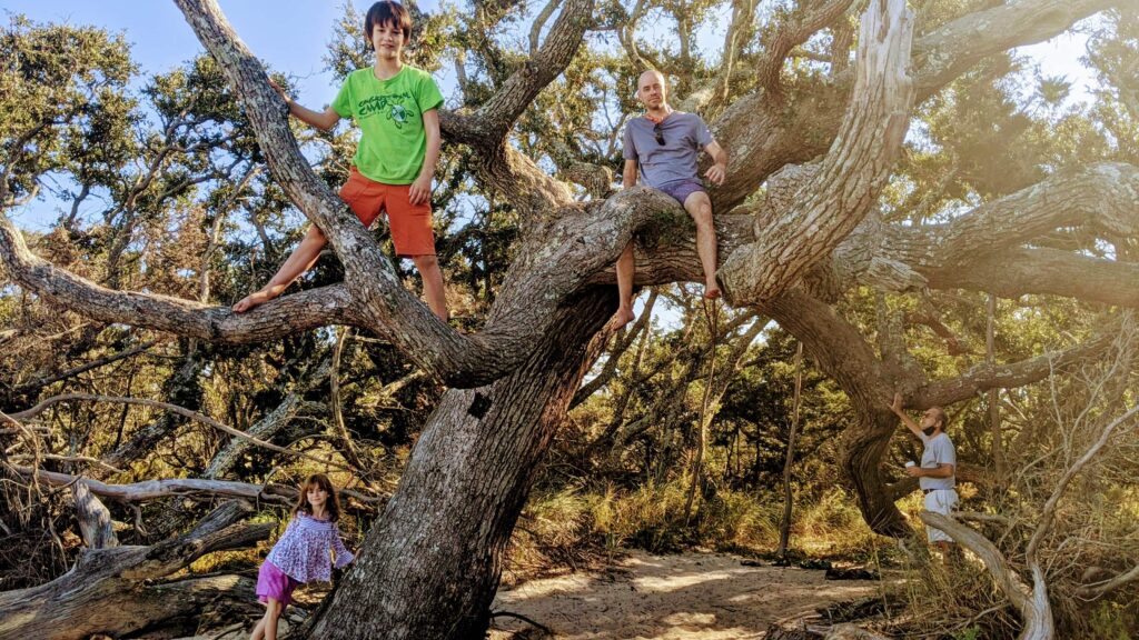 James, Julia, Demian and I pose for our CD cover, on Ocracoke Island.